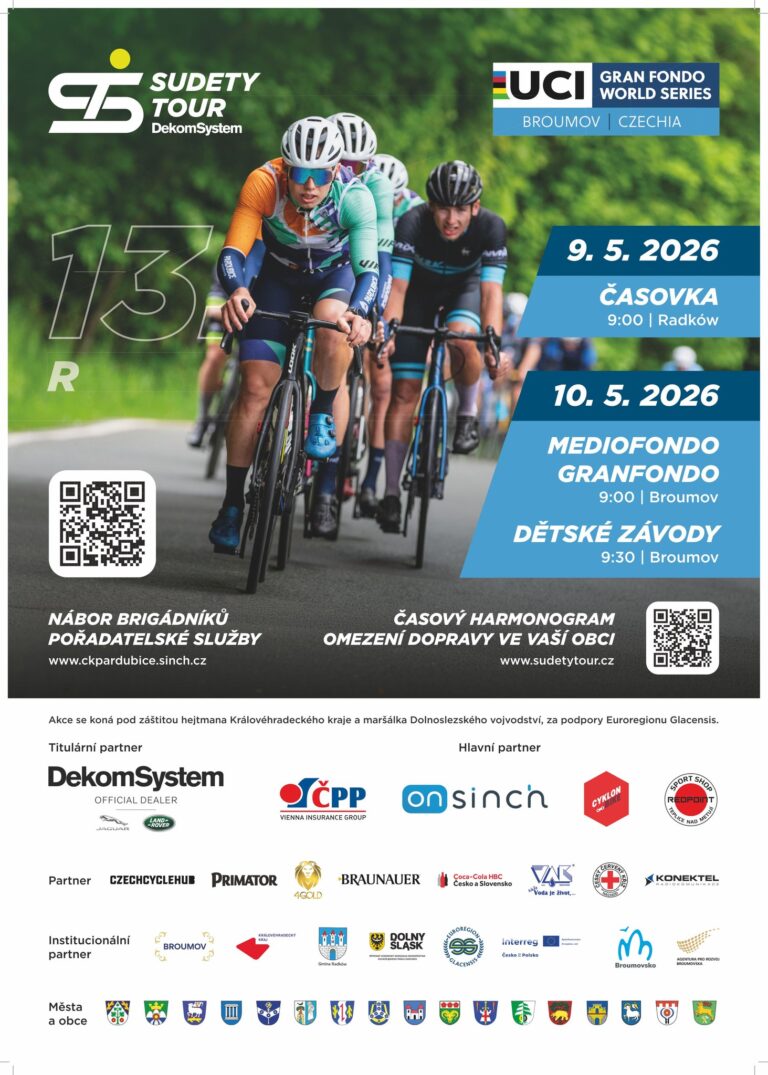 Grupa kolarzy w profesjonalnych strojach podczas wyścigu Sudety Tour na tle zieleni, plakat z informacjami o wydarzeniu UCI Gran Fondo World Series