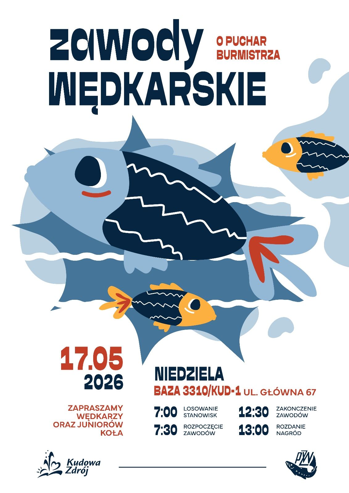 Plakat zawodów wędkarskich z ilustracją dużej niebieskiej ryby i dwóch małych pomarańczowych rybek na tle fal