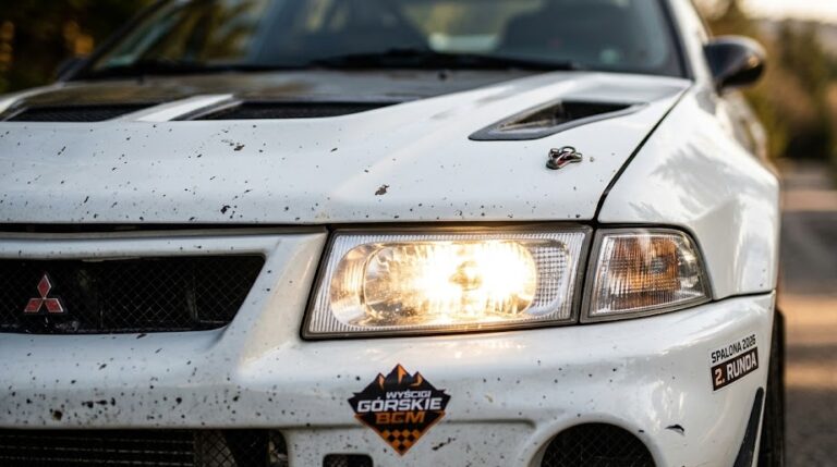 Biały, ubrudzony błotem samochód rajdowy Mitsubishi Lancer Evolution z włączonymi światłami na trasie wyścigu w Spalonej.